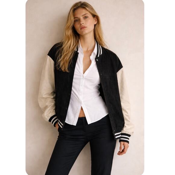Vintage Cellini Genuine Suede Oversized Varsity Jacket In Black And Cream